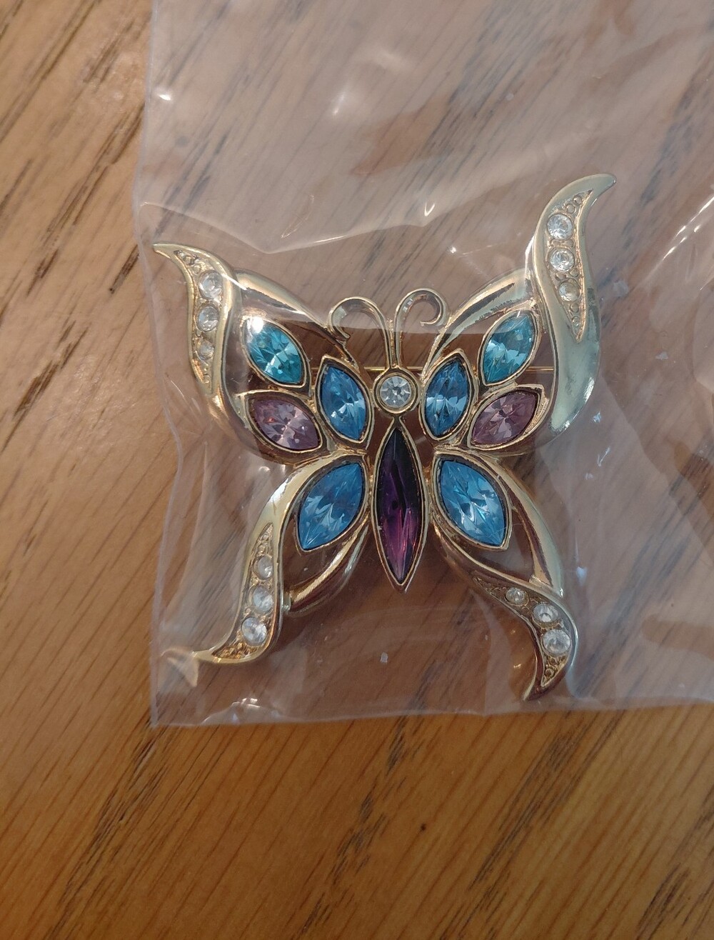 Avon Gold-Tone Butterfly Brooch with Blue & Purple Stones